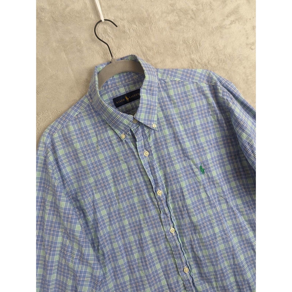 Polo Ralph Lauren Mens Large Shirt Blue Green Plaid Pony Logo Button Long Sleeve